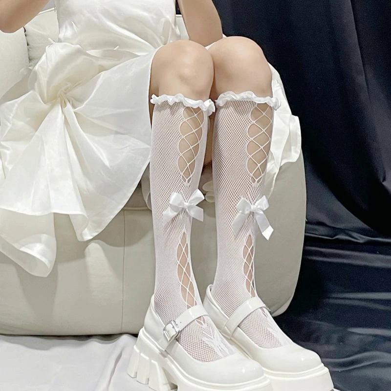 Bow Lace Hollow Out Cute Lolita Jk Sexy Fishnet Knee-High Stockings For Women
