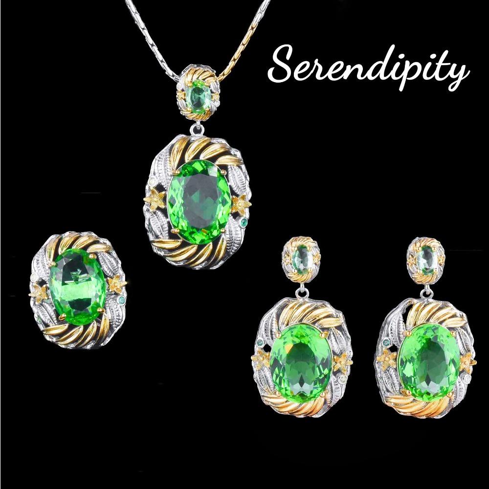 

Women Italian Court Style Jewelry Set Blue Gemstone Necklace Long Earrings Open Ring Two Tone Gold Olive Green Fashion Accessories