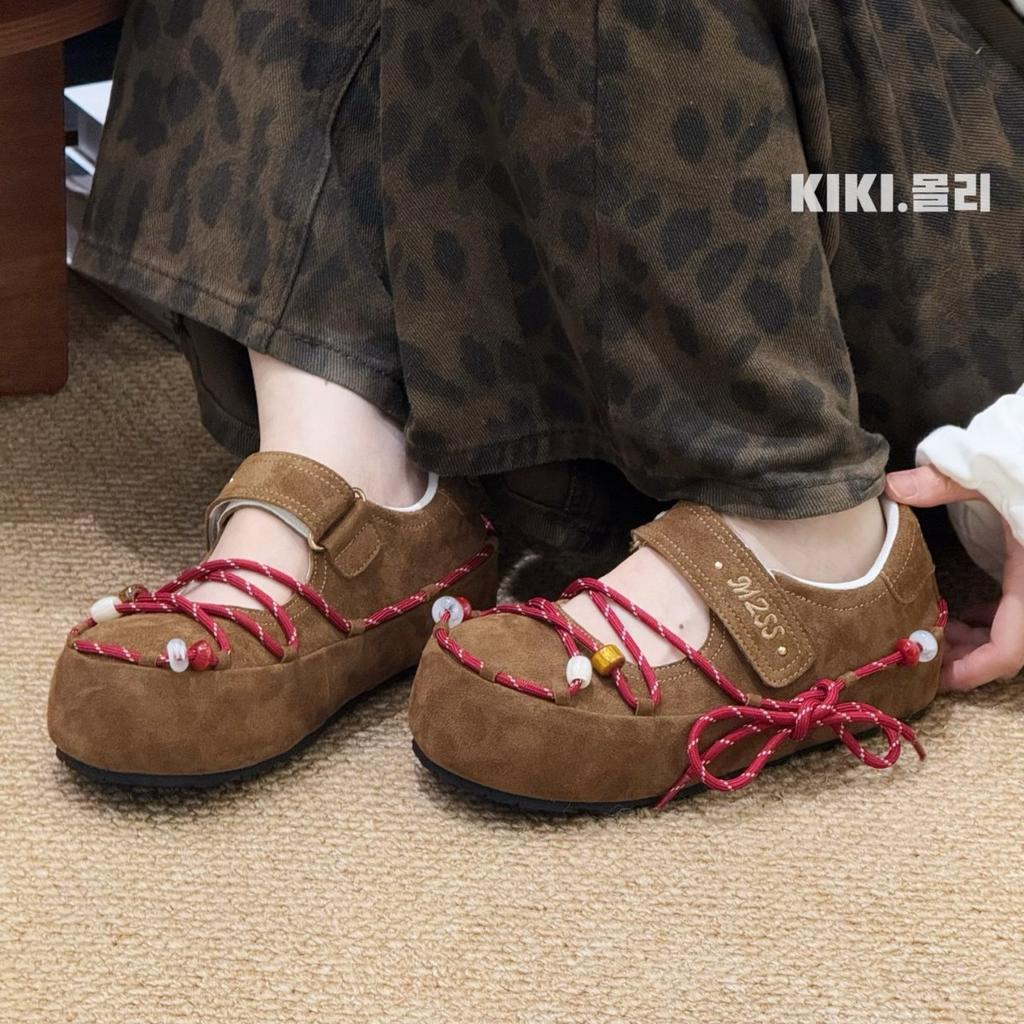 Beaded Lace-up Velcro Inner Height-increasing Mary Jane Shoes 2025 Autumn New Outer Wear Breathable Casual Versatile Single Shoes