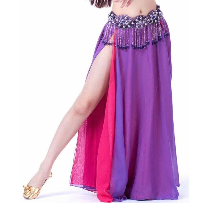 Belly Dance Skirt Double Slits Dance Training Dress Chiffon Long Skirt for Professional and Beginner