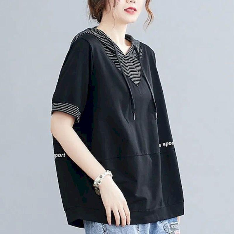 Womens Short-sleeve Hoodies Oversized Loose T-shirt Literary Striped Drawstring Hooded Stitching T-shirt Summer Plus Size
