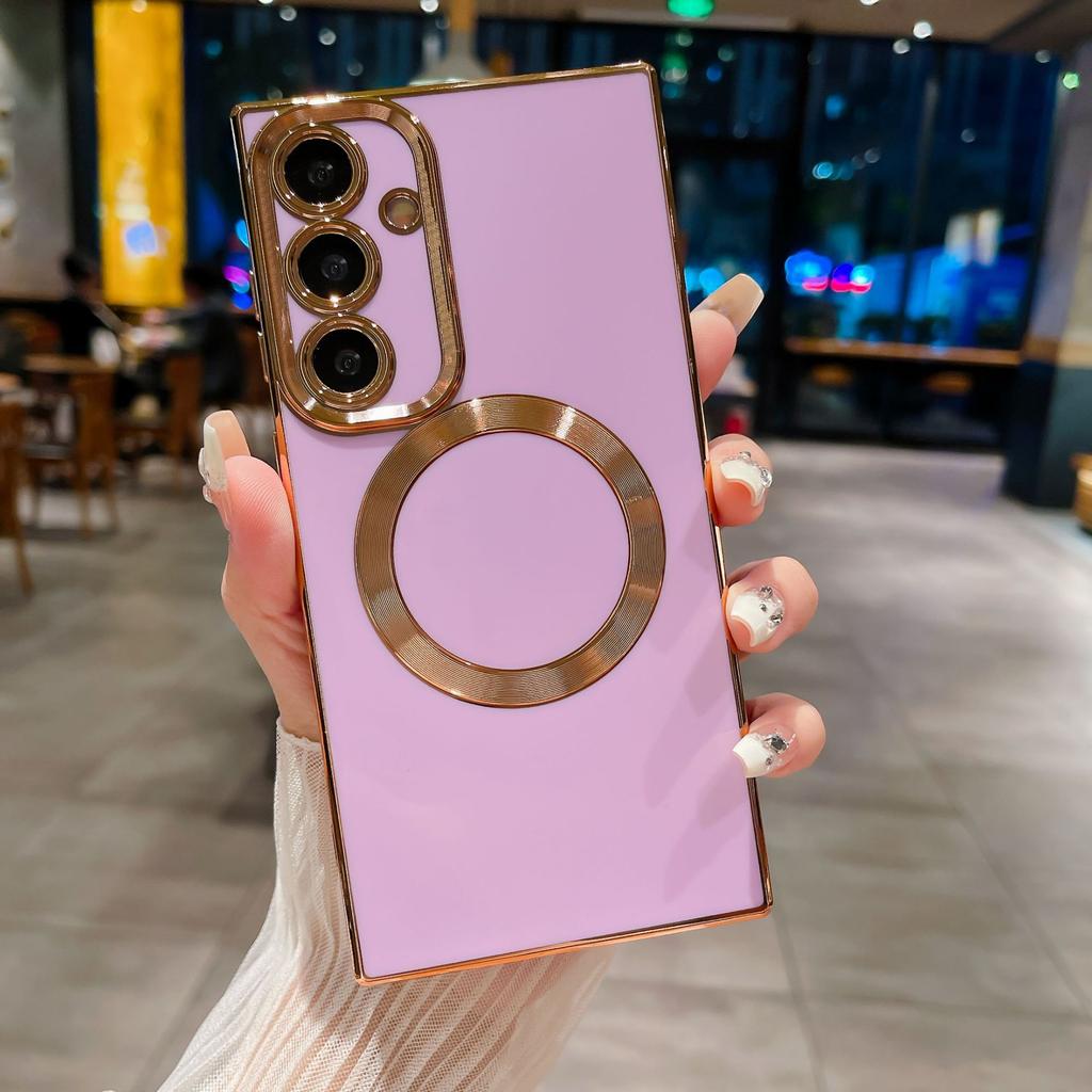 Suitable for Samsung S24Ultra Mobile Phone Case Square Solid Color Electroplating Magnetic Suction S21FE Anti-drop Mobile Phone Case