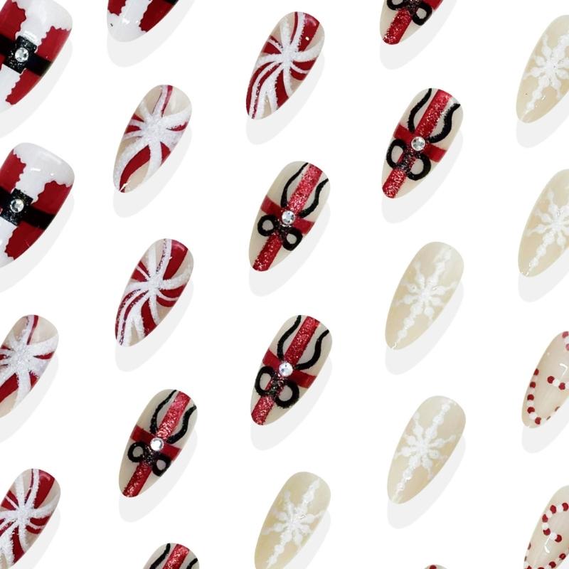 30 Pieces Holiday Press On nail Red White Striped Snowflake Design ABS Artificial nail Easy Application