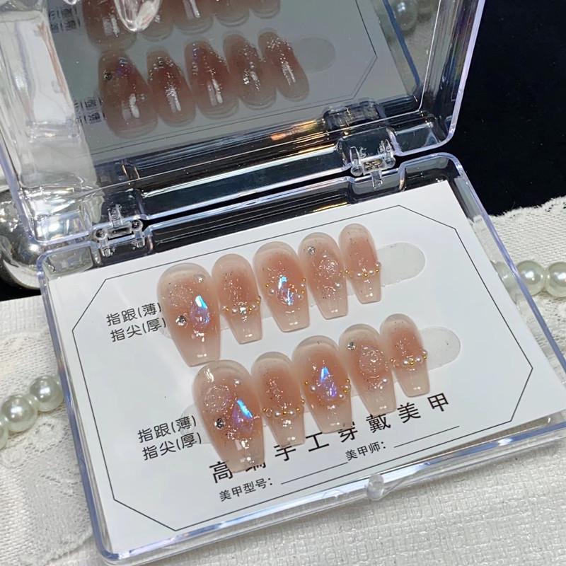 Wearable Handmade Aurora Diamond Camellia Nude False Nail Tips