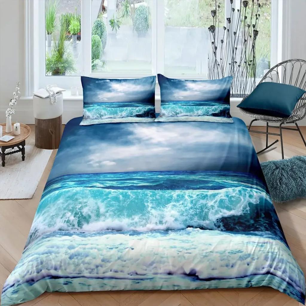 Ocean Wave Duvet Cover Set Beach With Foamy Waves Twin Bedding Set Polyester Sea Shore Holiday Theme Queen King Size Quilt Cover
