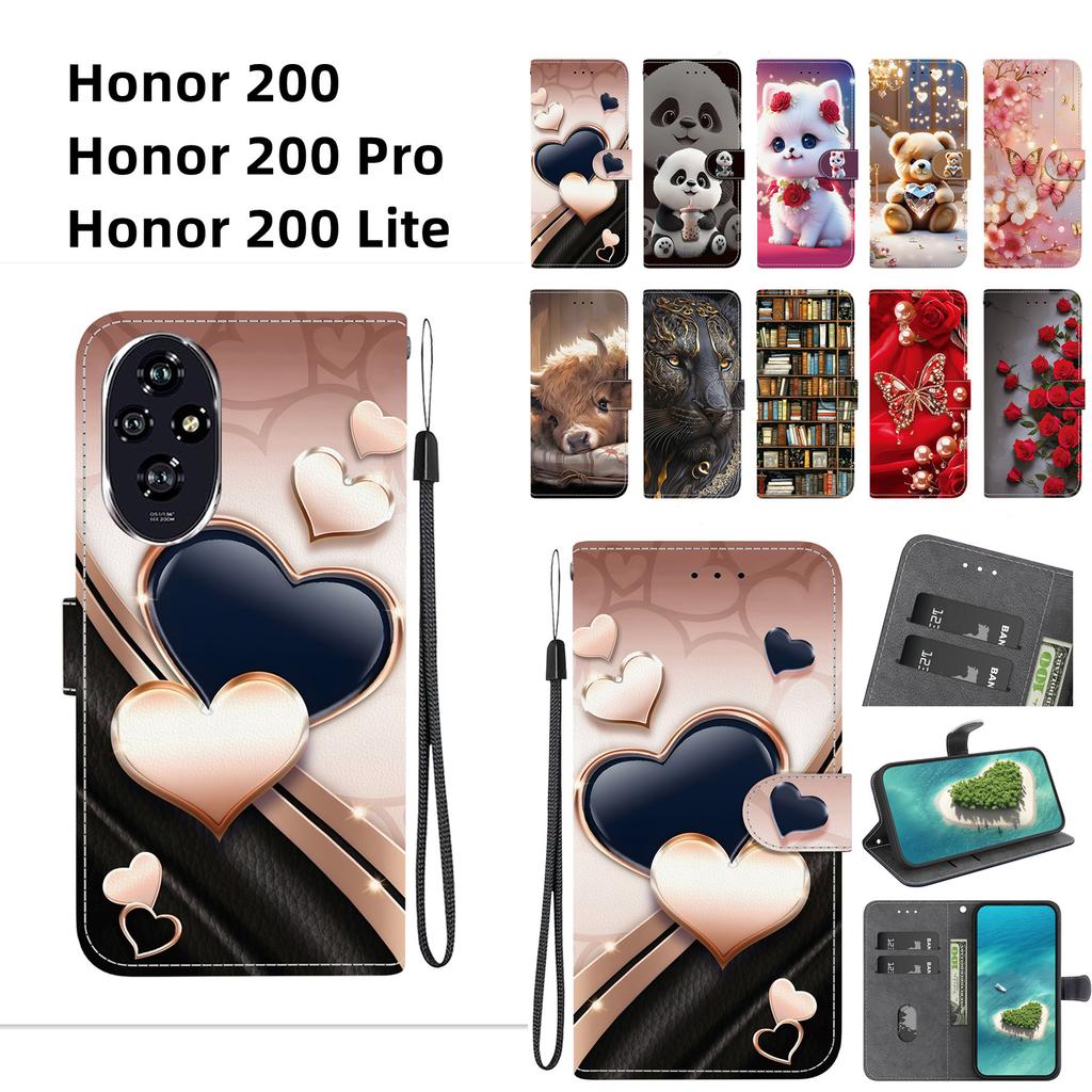 Handmade PU Leather Flip Case for Honor 200/ Honor 200 Pro/ Honor 200 Lite Anti-Slip Shockproof Cover with Wrist Strap & Heart/Rose Cat Designs