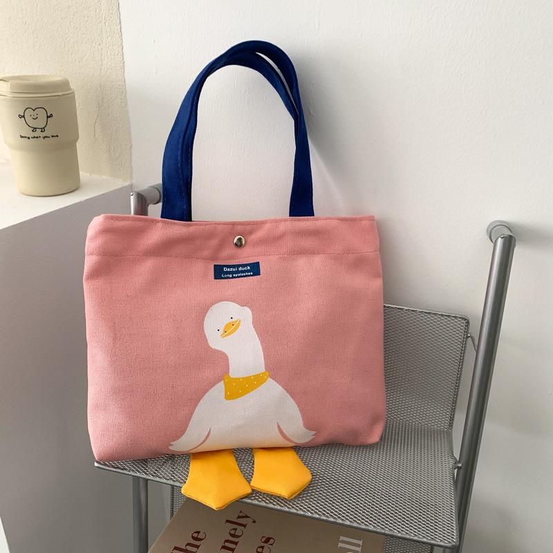 Cute Duck Canvas Tote Bag for Women, Small Handheld Shoulder Purse, Kawaii Cartoon Crossbody Bag for Daily Outings KTB