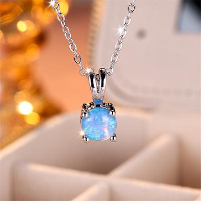 Colliers Minimalistes Rondes Opale de Feu Bleue Blanche Pour Femmes Couleur Argent Arc-en-ciel Pierre de Naissance Mariage Fiançailles Pendentifs Bijoux