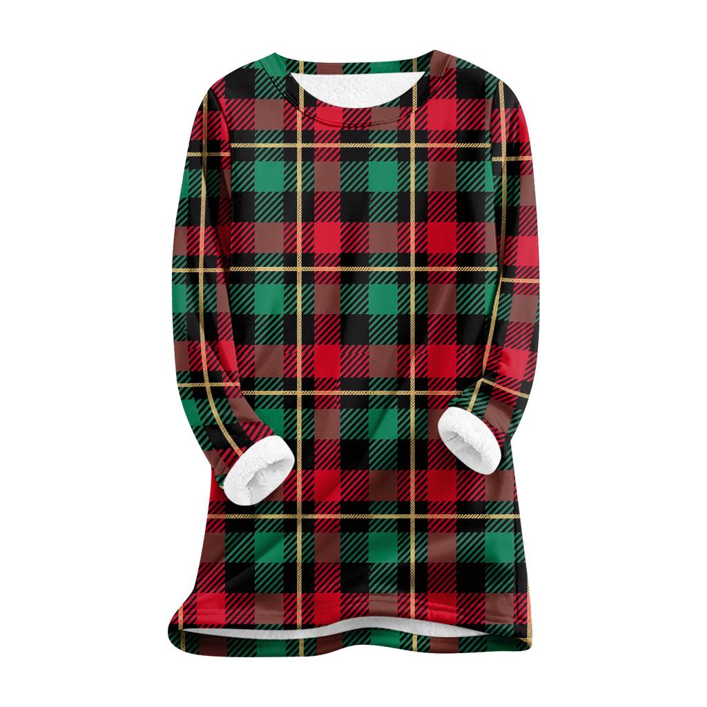 Women's Round Neck Top Printing Thickened Plush Cashmere Warm Long Top