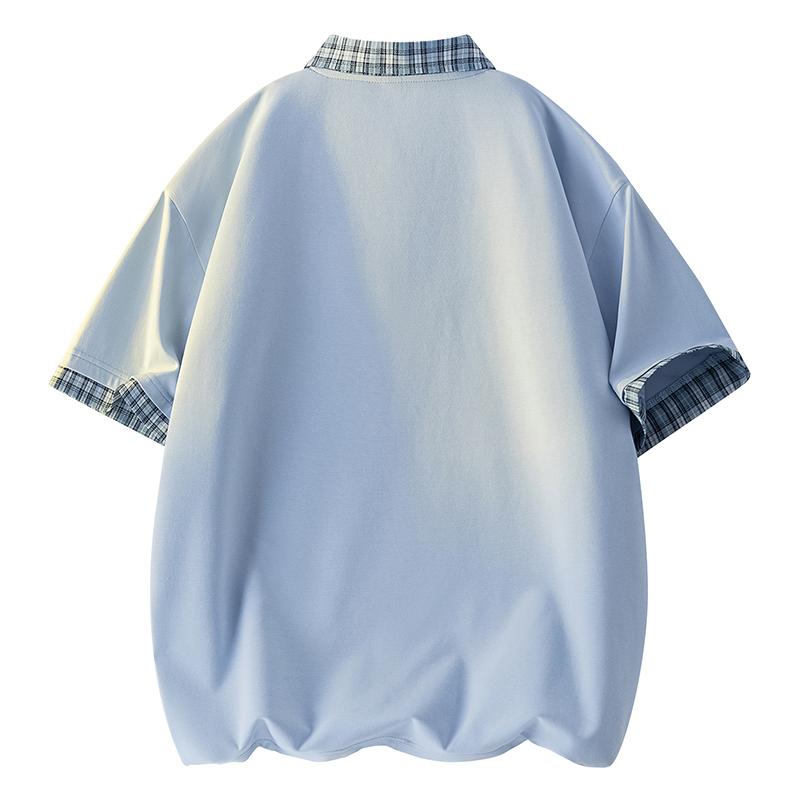 Plaid Splicing Short-sleeved POLO Shirt For Men In Summer Loose Couple Versatile Half-sleeved T-shirt
