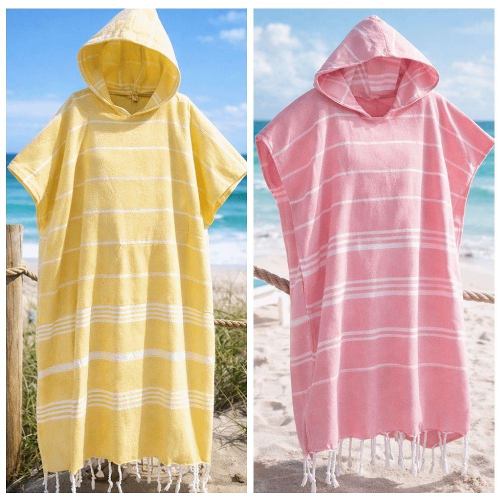 Wearable Sand-proof Hooded Beach Towel Loose Stripe Patchwork Bathrobe Soft Cotton Travel Supplies Bath Towel Beach