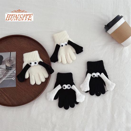 1 Pair Linking Couple Gloves, Magnetic Suction, Knitted Full Fingers, Funny Big Eyes, Winter Warm Gloves