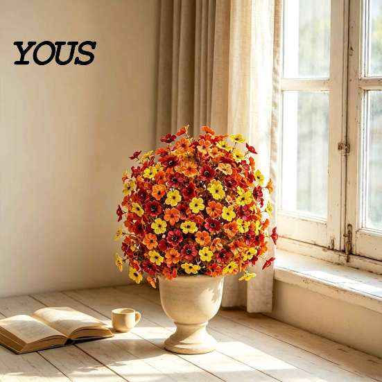 Long Lasting Faux Flowers for Home Fall Artificial Topiary Ball Flowers, Mums Plants Tree, UV Resistant Outdoor with Vibrant Floral Decor Spike, Fake
