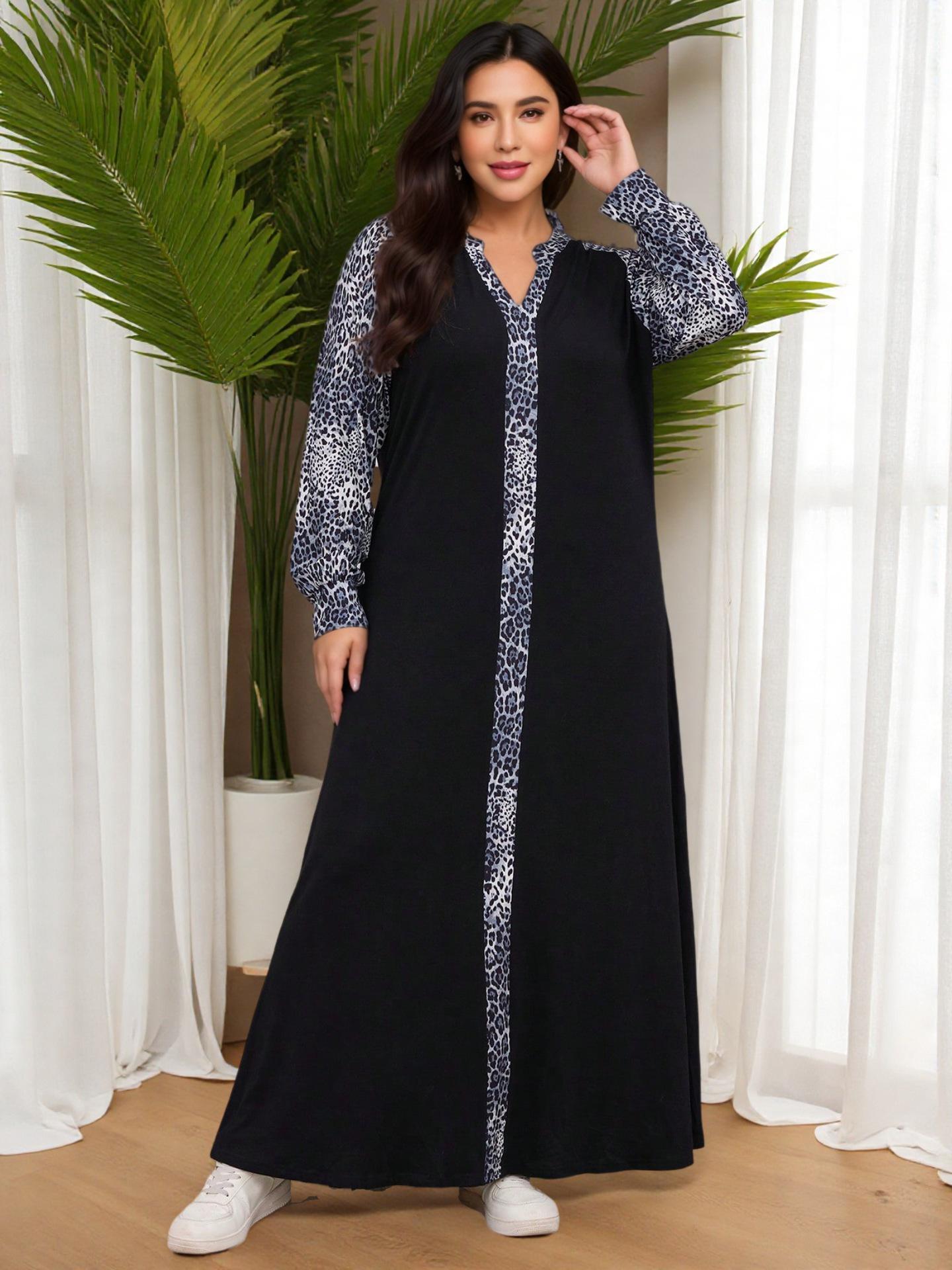 Plus Size V-Neck Long Sleeve Patchwork Islamic Dress - Casual & Elegant 3XL чёрный