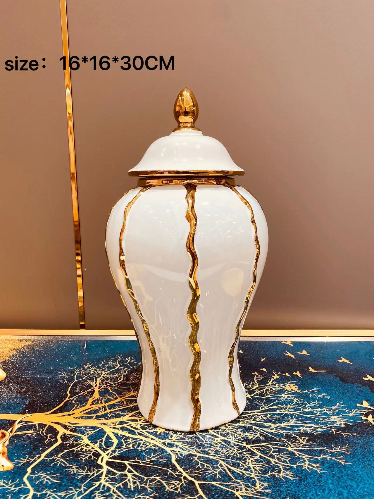 

Ceramic General Jar Electroplated Gold Plaid Artwork Storage Jar Home Decor Hotel Display Vase Dry Dried Flowe Vase With lid
