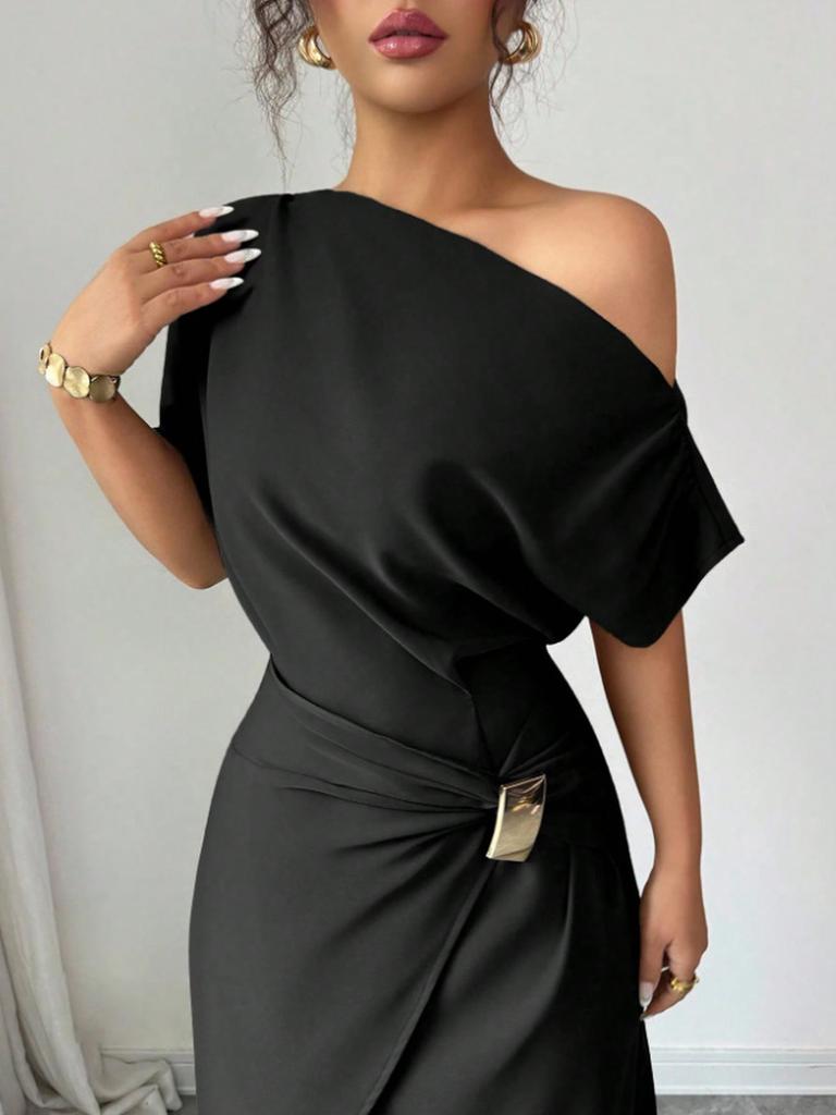 Summer Off-Shoulder Dress for Women, Solid Color Split Elegant Slim Fit Bodycon Maxi Dress