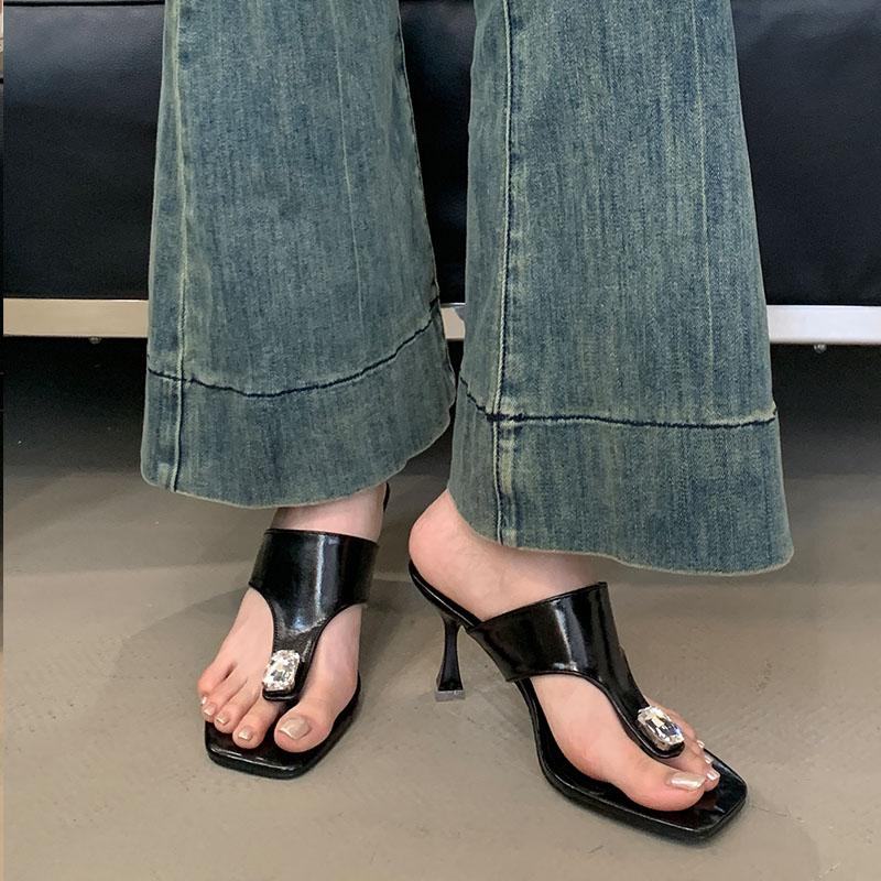 Fashion Luxury Rhinestones Ladies Heels Slippers Shoes Fashion Square Toe Women Heeled Slippers Female Slides Sandals Flip Flops Pumps