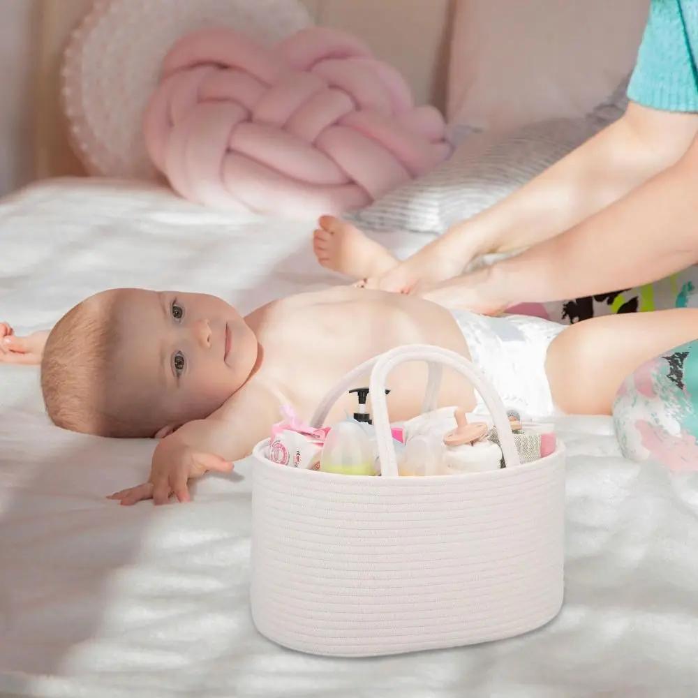 Durable Large Capacity Nappy Organiser Portable Cotton Rope Storage Basket Woven Foldable Diaper Storage Bag for Newborn