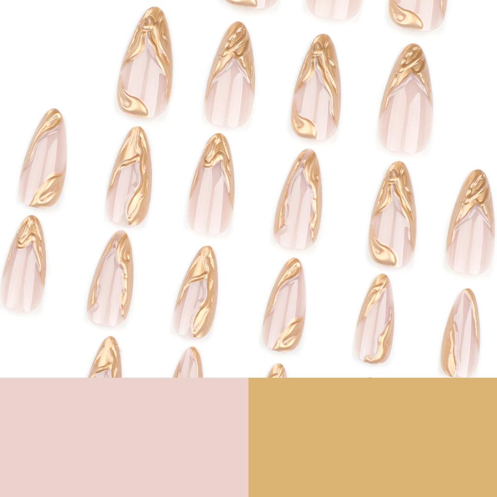 French Style 3D Gold Wearable Short Almond False Nails