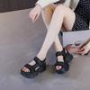 Fashion Rhinestone 7CM  2025 New Genuine Leather Sandals Women Elevator Shoes Comfy Fashion Summer Platform Wedge Ladies Hook&Loop Shoes
