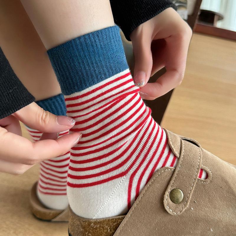 5 Pairs of Women's Spring and Autumn Color Striped Cotton Socks
