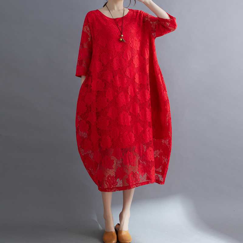 Summer Ethnic Style Lace Vintage Loose Dress Women Print Solid Color Round Neck Patchwork Pocket Long Sleeved Casual Versatile Dresses
