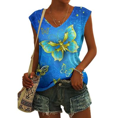 3D-Schmetterlingsdruck 2025 Neue Tanktops und T-Shirts mit V-Ausschnitt für Damen Sommer 2025 Neue ärmellose Weste Mode Kausale T-Shirts T-Shirts