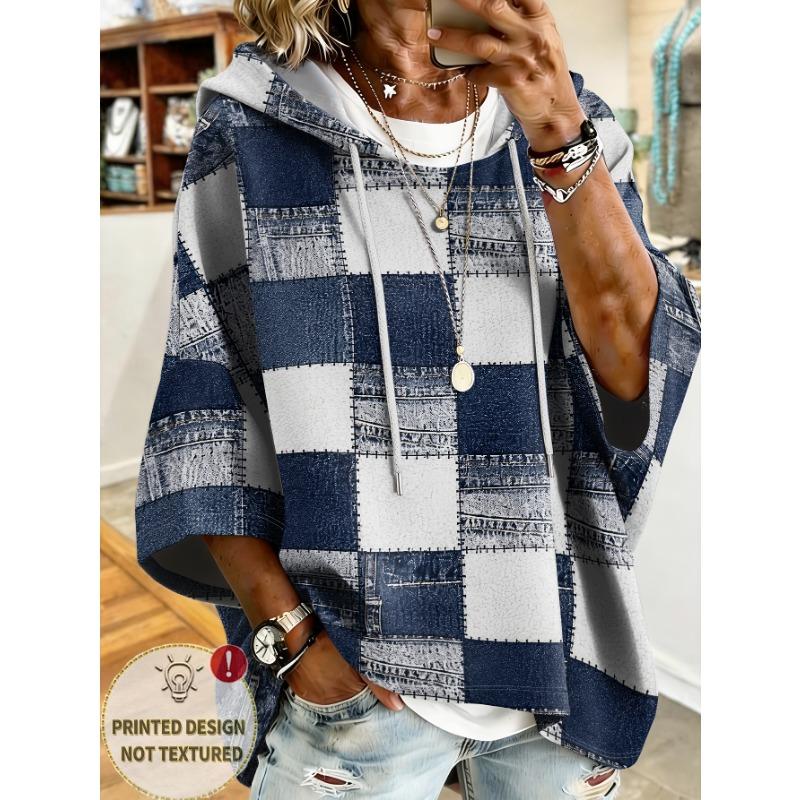 Bedruckter Karo-Patchwork-Kapuzenpullover für Damen, Europäischer/Amerikanischer Stil, Dreiviertelärm, Lässiger Lockerer Hoodie
