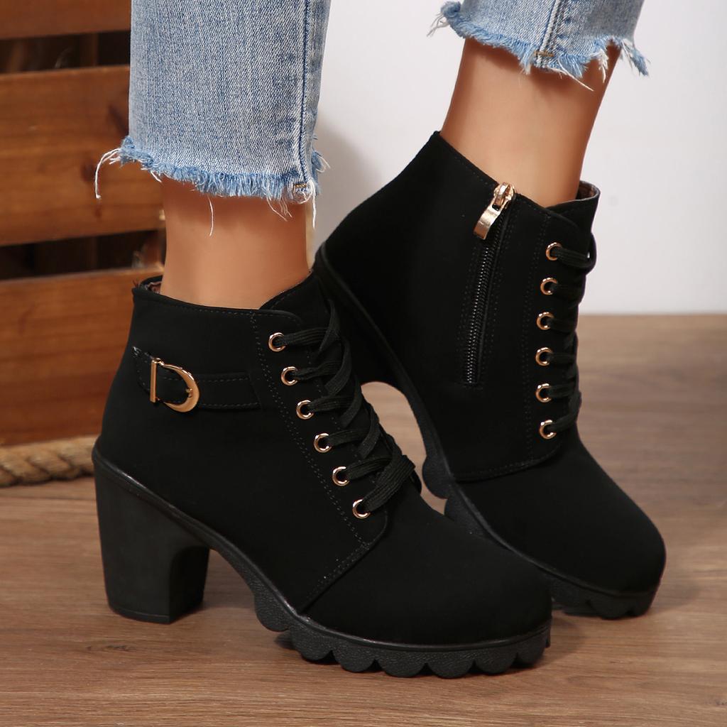 Fashion 2025 New Women Ankle Boots Autumn Winter New Large Size Comfortable Women Shoes Fashion Warm Thick Heel Lace Up High Heels Boots