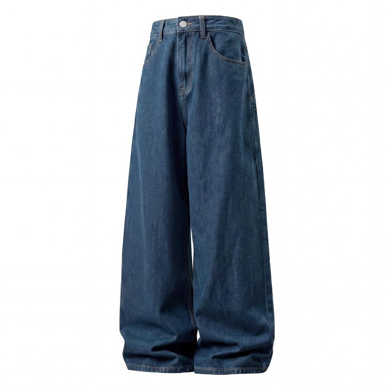 Men Loose Straight Cleanfit Denim Jeans Retro Casual Embroidered Long Pants