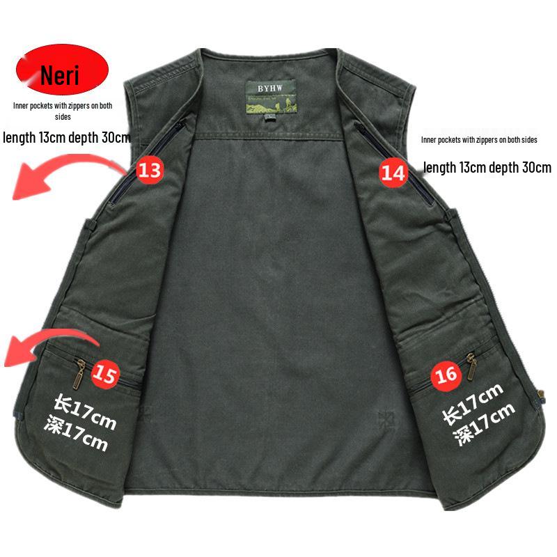 Men's Army Green Multi-Pocket Cotton Tank Top, Plus Size 10XL, Spring/Autumn Wear