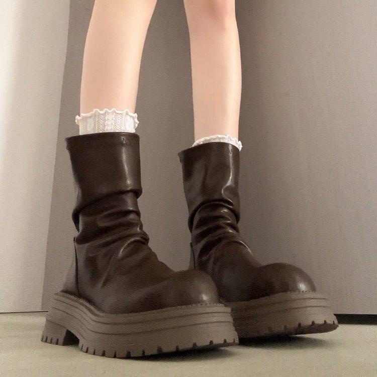 thick-soled thick-heeled stacked boots women's 2025 new autumn single boots short brown thin women's boots Maillard short boots