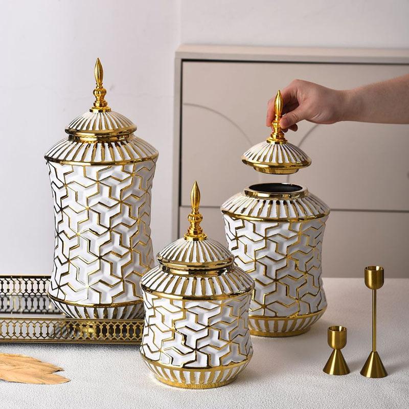 Light luxury ceramic general bottle storage jar Hotel flower arrangement ornament white gold ceramic vase large flowerpot decor