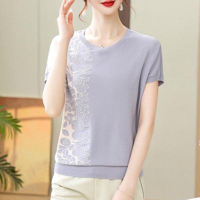 Mid-Age Women's Color Block Ice Silk Batwing Sleeve Loose Knit Top