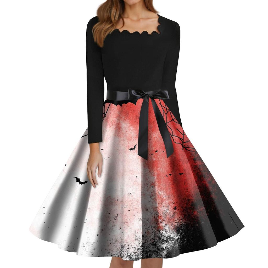 Women's Fashion Square Neck Casual Slim Halloween Printed Long Sleeve Dresses