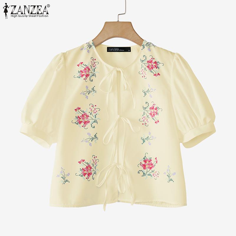 ZANZEA Women Casual Short Sleeve Floral Print Lace Up Cover Up Blouse