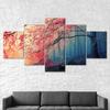 Red Leaves Tree Mystical Foggy Forest 5 Piece Canvas Wall Art Multi Panel Print Modern Nature Poster Home Decor Picture Gift For Him For Her