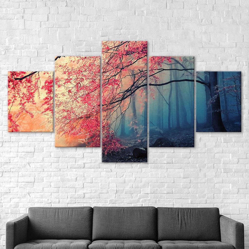 Red Leaves Tree Mystical Foggy Forest 5 Piece Canvas Wall Art Multi Panel Print Modern Nature Poster Home Decor Picture Gift For Him For Her
