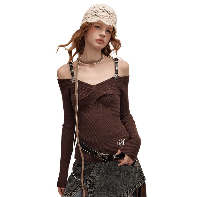 

UNIFREE Women s American Retro Off-Shoulder Long Sleeve Knit Top M