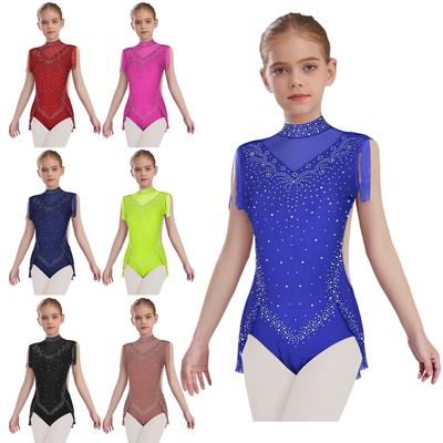 Girls Sparkly Rhinestones Dance Leotard Mock Neck Sleeveless Invisible Zipper Back Sheer Mesh Patchwork Tassel Skirted Bodysuit