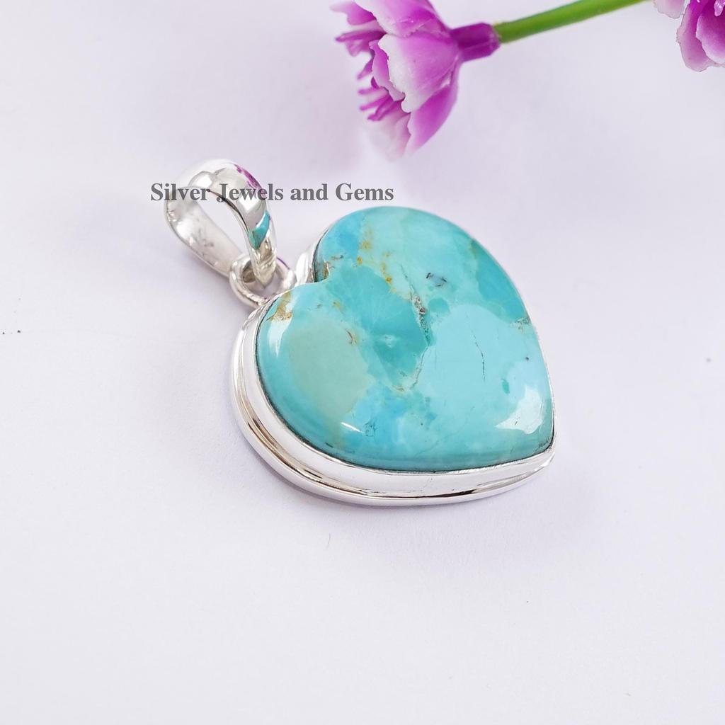 Turquoise Heart Pendant, Handmade Pendant, 925 Sterling Silver, Heart Turquoise Jewelry, Birthstone Pendant Gift for Mom