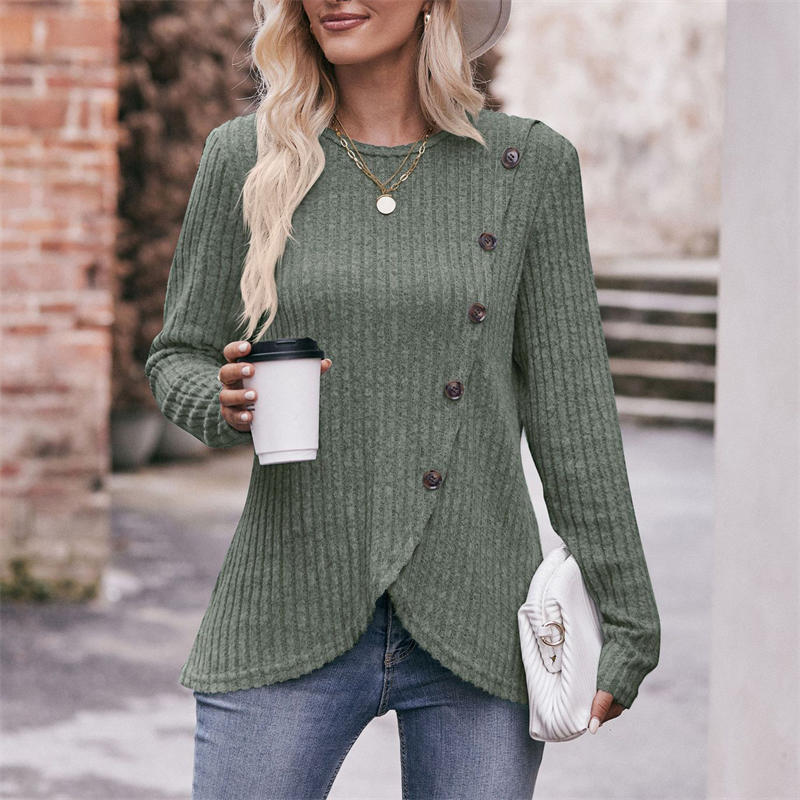 

Brushed Round-Neck Stripe T-Shirt Women s Button Solid Color S серый