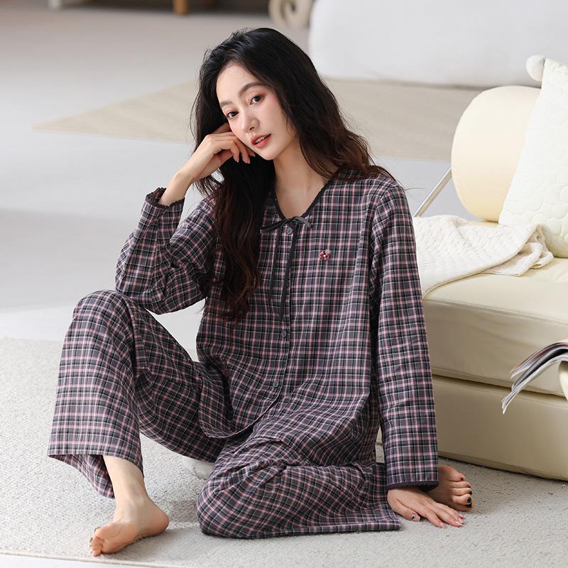 Woven cotton gauze pajamas women's spring and autumn pure cotton long-sleeved women's spring and summer cotton thickened loungewear set