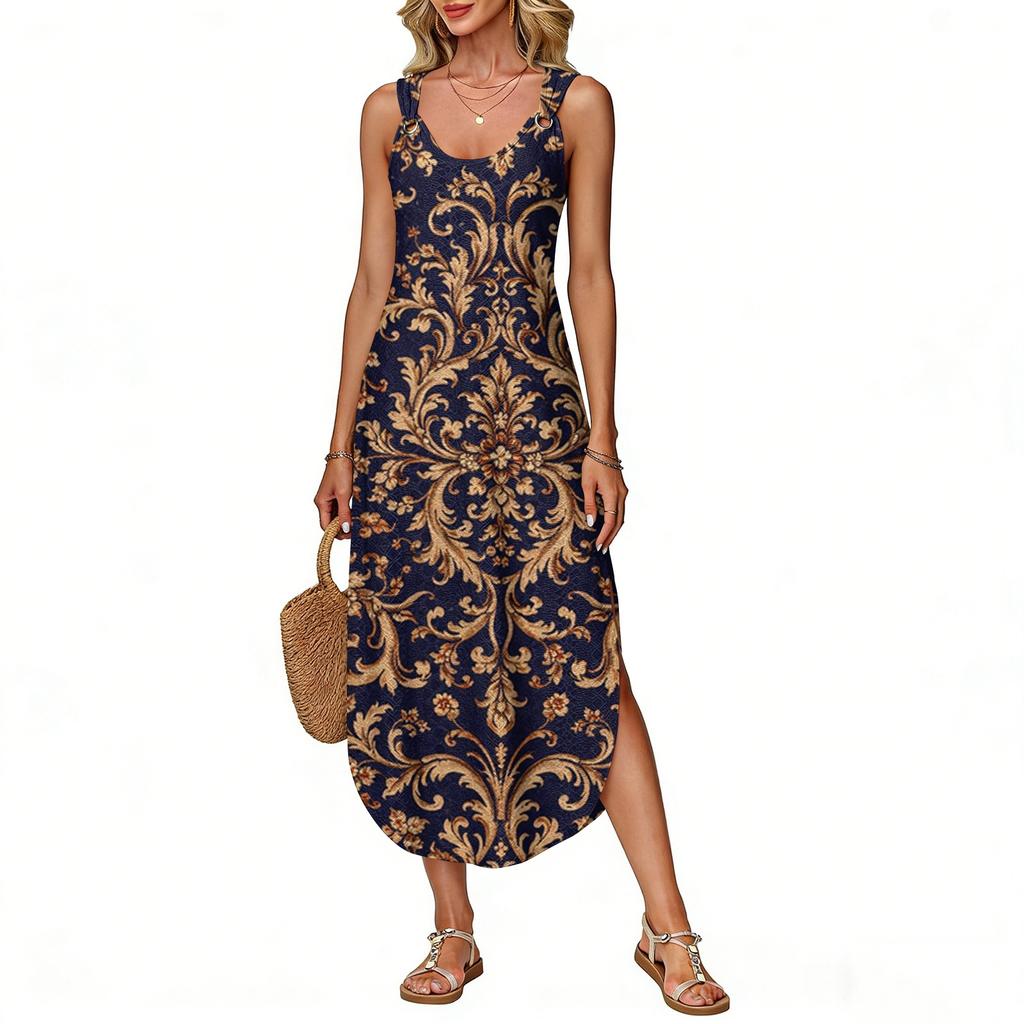 Women's Summer Long Dress, Sleeveless With Side Slits, Long Retro Printed Camisole Dress