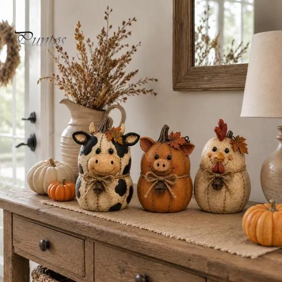 Thanksgiving Home Decor Ornaments Rustic Farmhouse Felt Animal Ornaments, Cute Cow/Pumpkin/Rooster Figurines, Decorative Handmade Animals Hand Painted