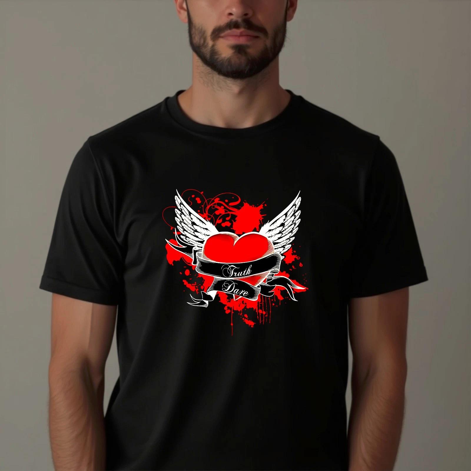 Truth Dare Heart Wings Graphic T-Shirt, Gothic Love Tattoo Style Unisex Tee M
