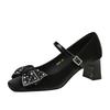 Thick Heel Medium Heel Single Shoes Women's Rhinestone Bow Versatile Satin One-word Buckle Strap Square Head Mary Jane Shoes