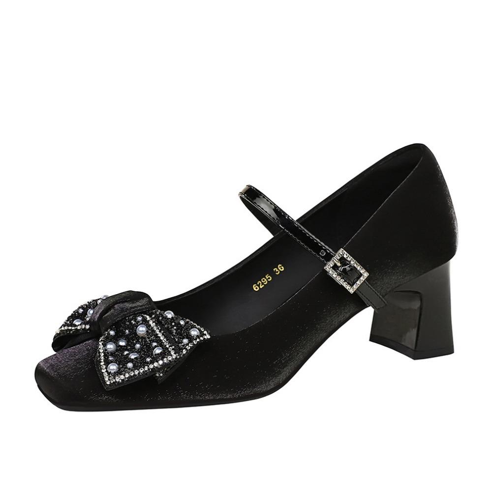 Thick Heel Medium Heel Single Shoes Women's Rhinestone Bow Versatile Satin One-word Buckle Strap Square Head Mary Jane Shoes