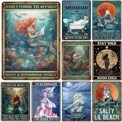 Mermaid Retro Metal Tin Signs What a Wonderful World Aluminum Sign Vintage Wall Decor Retro Poster for Bars Restaurants Cafes