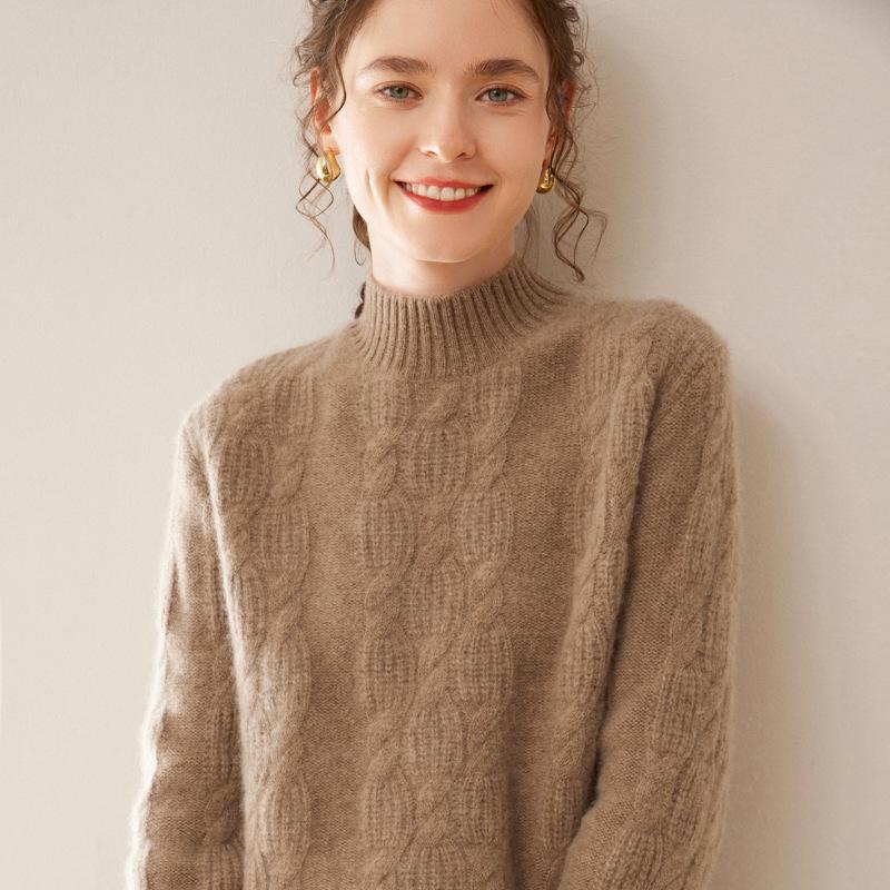 Women's Heavy Gauge Cashmere Cable Knit Sweater, Half-High Neck, Long Sleeve, Thickened Loose Pullover for Autumn Winter.